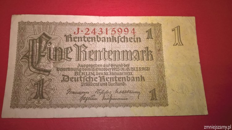 Niemcy - Oryginalna 1 marka z 1937r. seria J