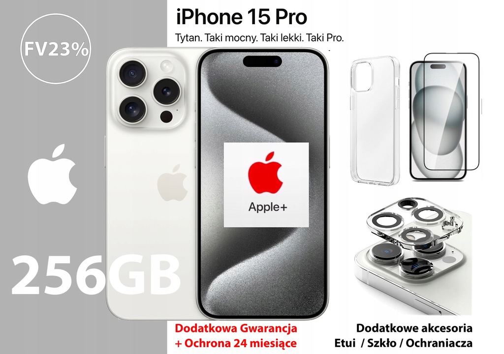 APPLE IPHONE 15 PRO 256GB TITANIUM BIAŁY SZKŁA+CASE GW+Ubezpieczenie24ms FV