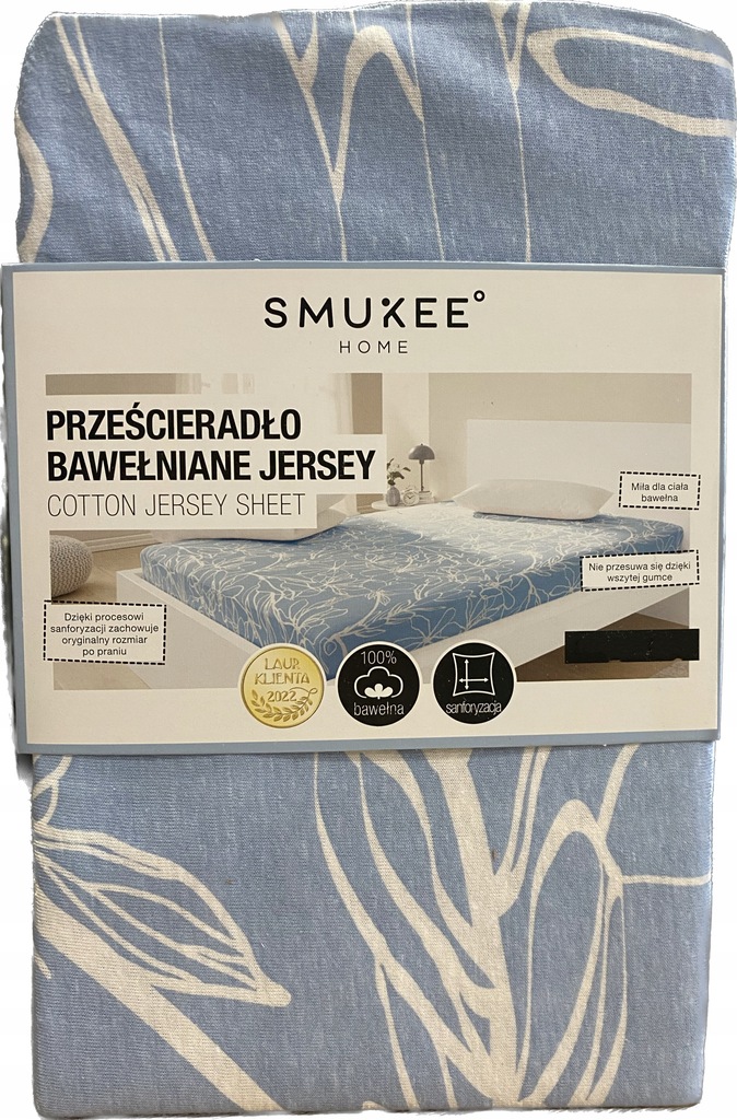 SMUKEE Prześcieradło bawełniane JERSEY z gumką 160x200x25 cm niebieski wzór