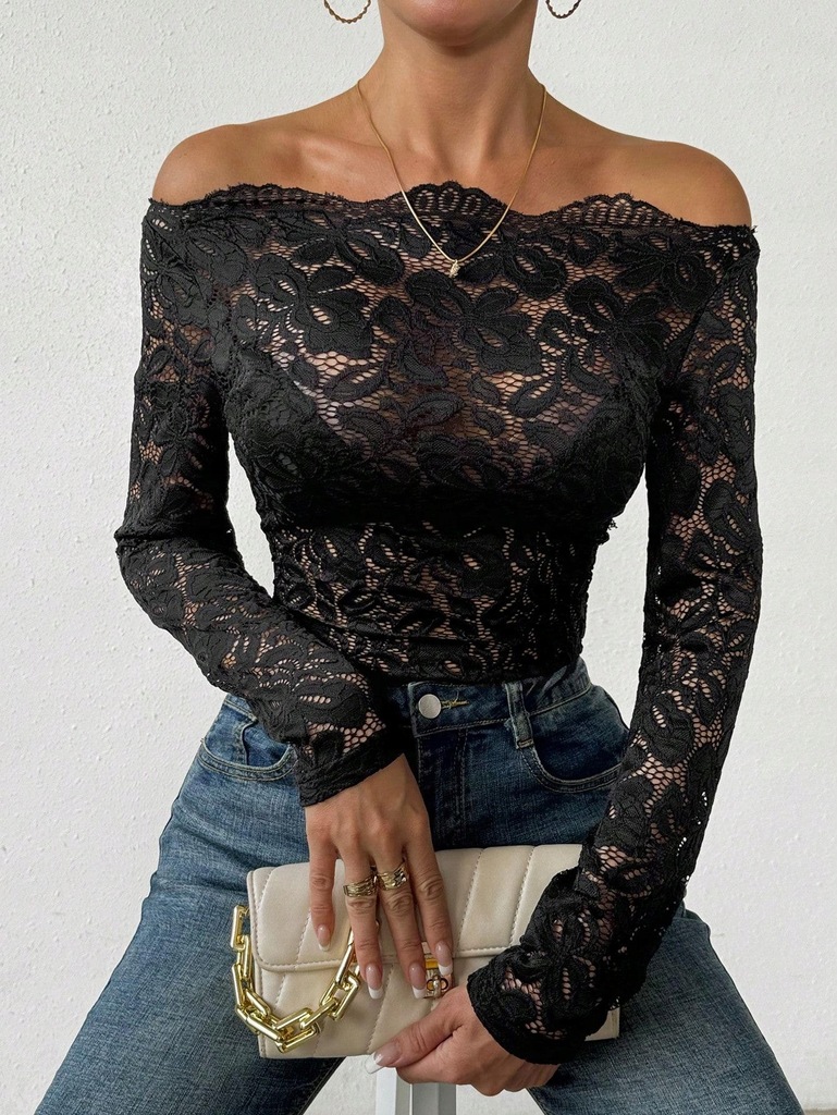 SHEIN CZARNA BLUZKA KORONKA X09 LT7__M
