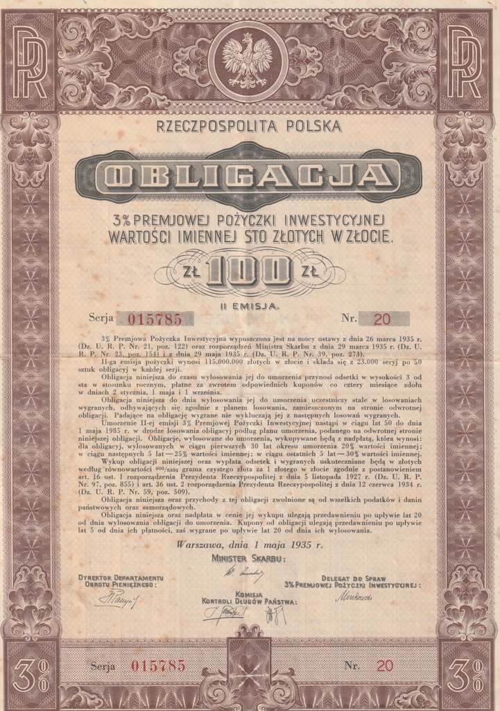 Obligacja 3% Pożyczka Inwestycyjna 1935 na 100 zł - II RP