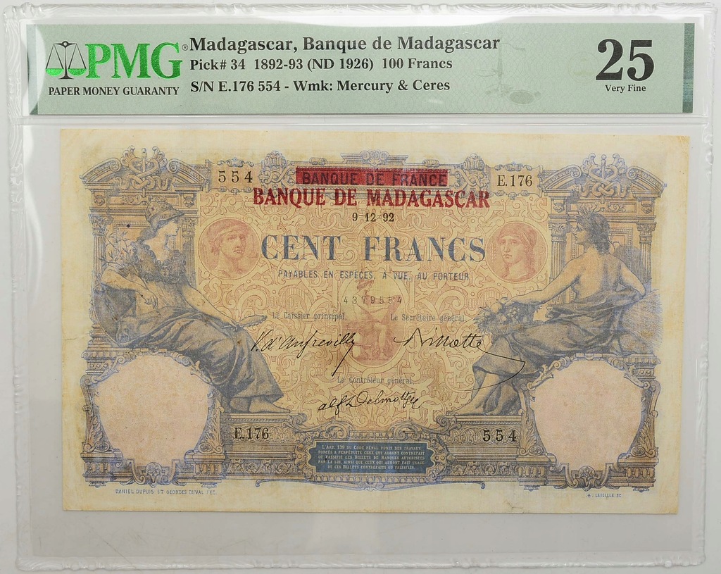 6.fu! Madagaskar,100 Fr.1892 (1926) rzadki,PMG 25 - 13876743908 ...