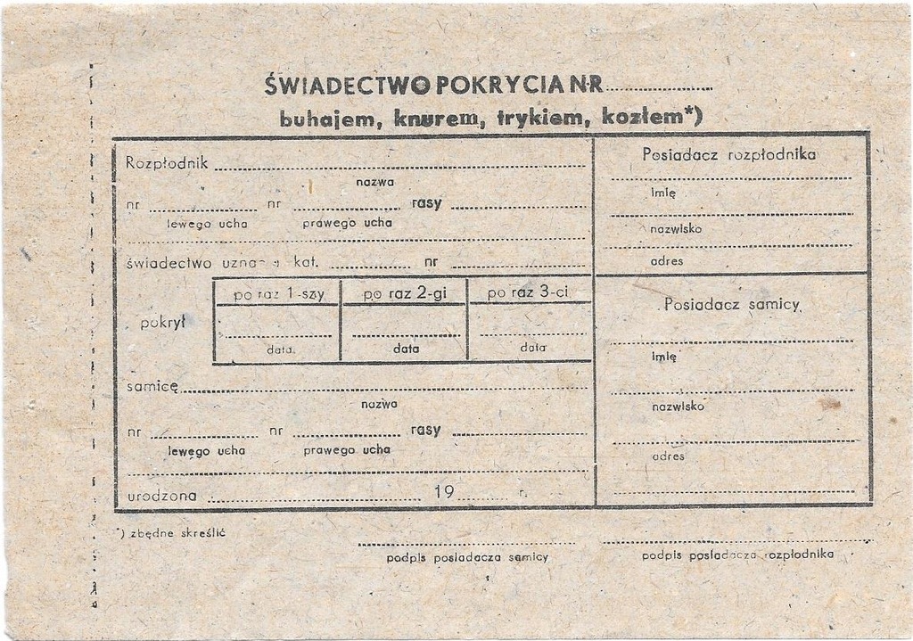 ŚWIADECTWO POKRYCIA buhajem knurem trykiem kozłem