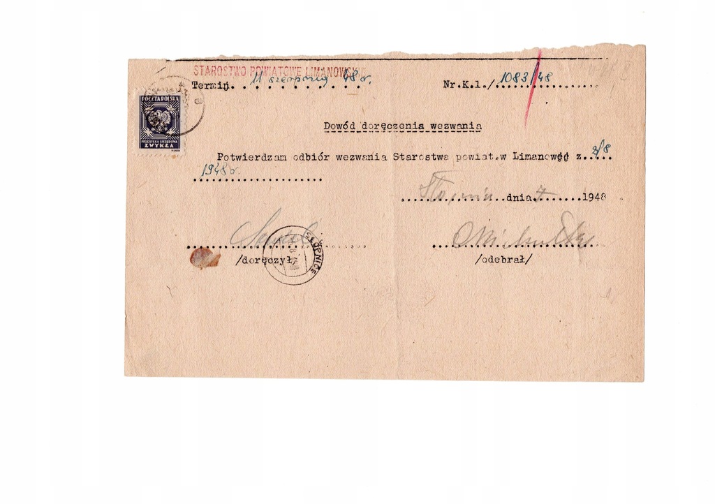 Dowód doręczenia wezwanie powiat Limanowa 1948 rok