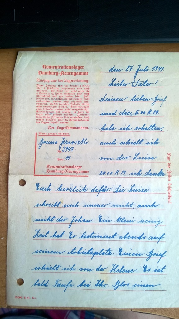 List z obozu Hamburg Neuengamme 1941r.