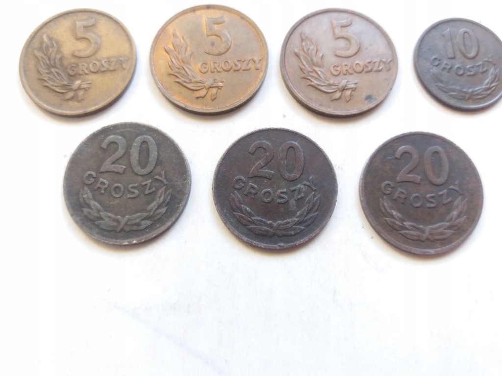 7 monet 1949: 3 x 5 gr (Cu), 3 x 20 , 1 x 10 gr
