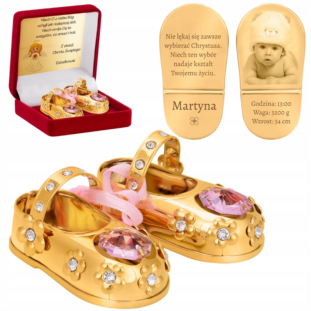 Buciki Pamiątka Chrztu na Chrzest Swarovski Grawer