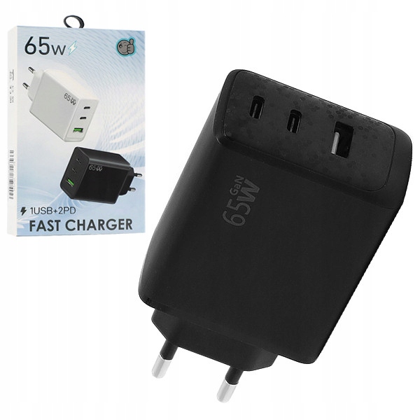 ECOBOX ŁADOWARKA SIECIOWA PD 2xUSB-C 1xUSB 65W CZARNY FAST CHARGE