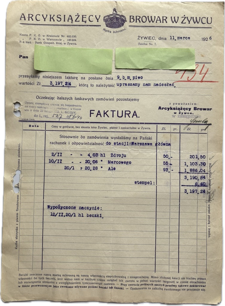 ŻYWIEC ARCYKSIĄŻĘCY BROWAR W ŻYWCU RACHUNEK 1926