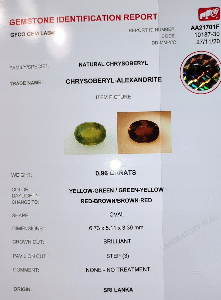 Naturalny aleksandryt 0,96 ct certyfikat GFCO