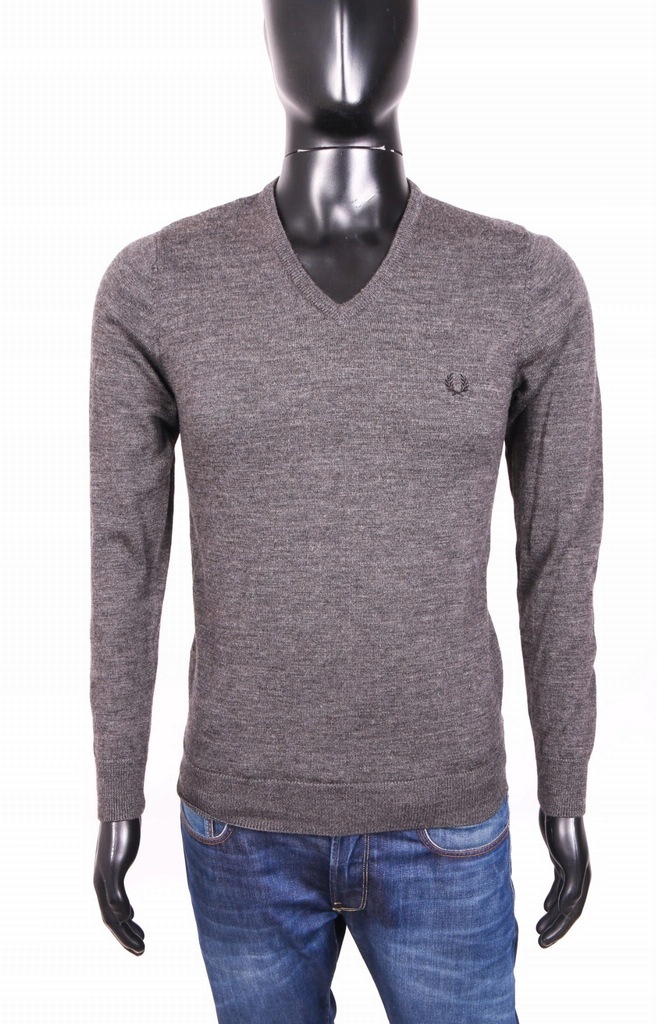 *Fred Perry Sweter Męski Wełna V-Neck Szary roz S