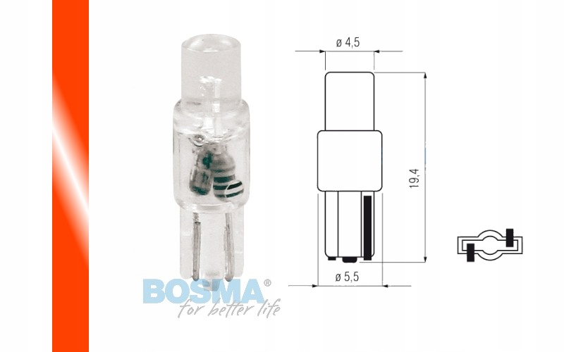 Żarówka BOSMA 12V 1*LED STANDARD T05 RED WIDE VIEW