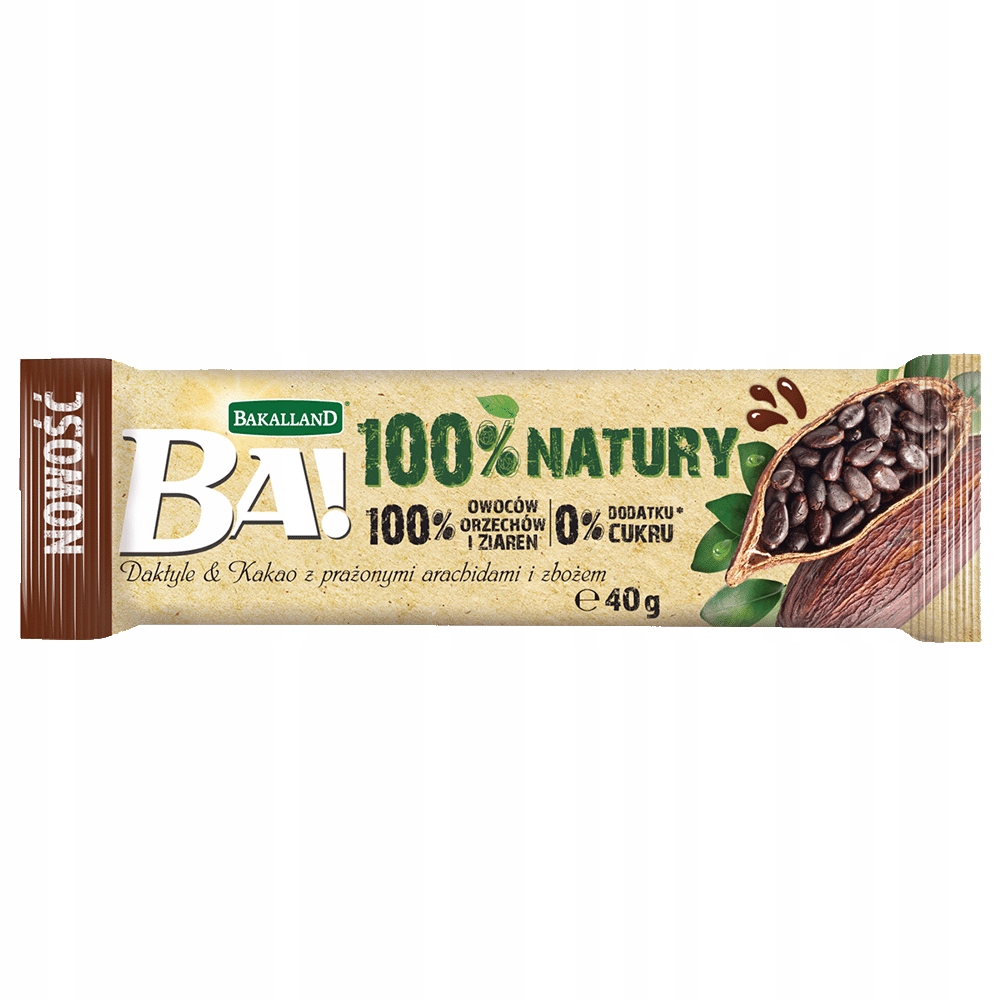 36x Bakalland 100% Natury Baton Daktyl Kakao 40g FoodWell