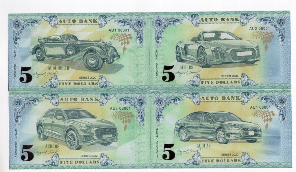 Banknoty fantazyjne samochody Audi 4 sztuki