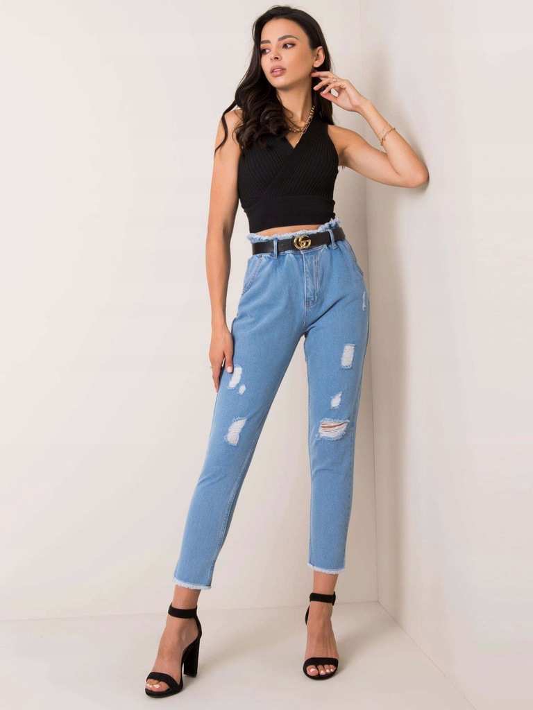 Niebieskie jeansy high waist z przetarciami 26