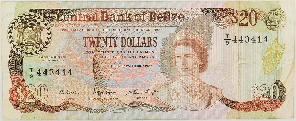 14.di! Belize, 20 Dolarów 1987 rzadki, P.49, St.3+