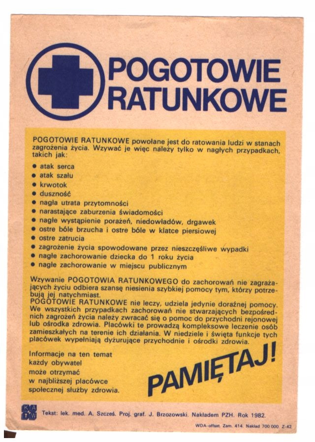 POGOTOWIE RATUNKOWE, ulotka 1982 rok