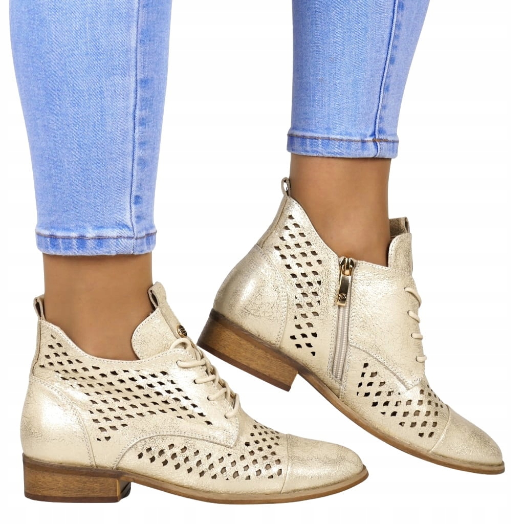 BOTKI TRZEWIKI AŻUROWE ZA KOSTKĘ ZŁOTE SZNUROWANE Z ZAMKIEM WYCINANE MODNE