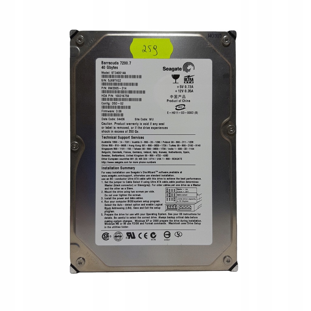 Seagate 40Gb ATA ST340014A FW3.06 259