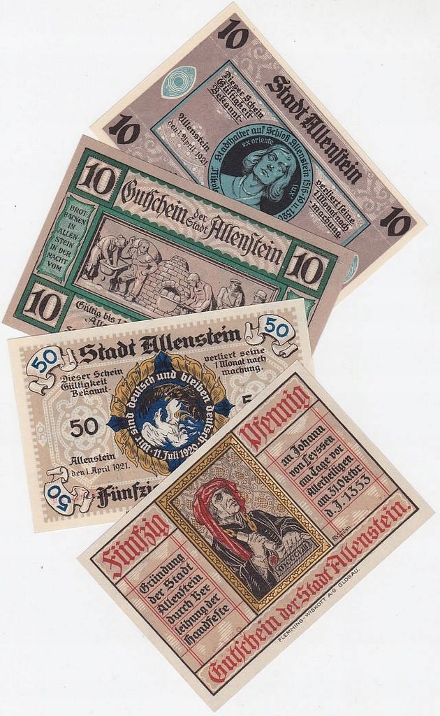 OLSZTYN - ALLENSTEIN, Zestaw 4 sztuki 2 x 10 F. 2 x 50 F. 1.IV.1921