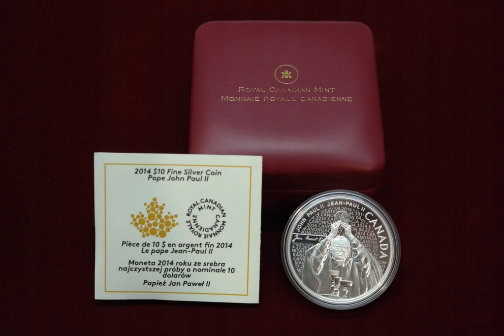 Moneta Srebrna Ag 999 Jan Paweł II 10$ CANADA 2014