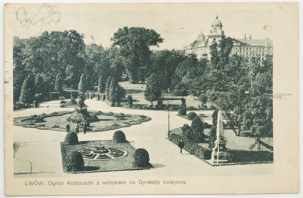 Lwów Kresy Ogród Kościuszki z widokiem na Dyrekcję kolejową 1924 rok