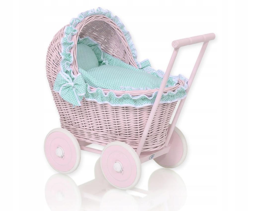 Wiklinowy wózek dla lalek pchacz różowy z miętową pościelką i miękką wyśció