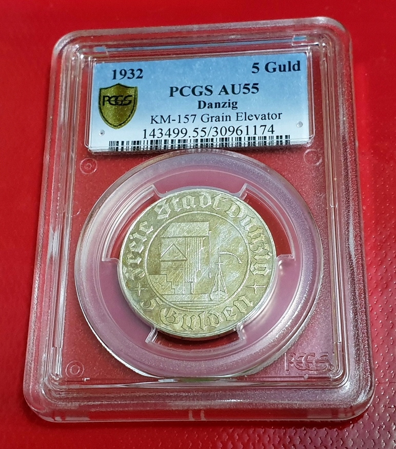 5 Guldenów 1932r Żuraw PCGS AU55 Wolne M. Gdańsk