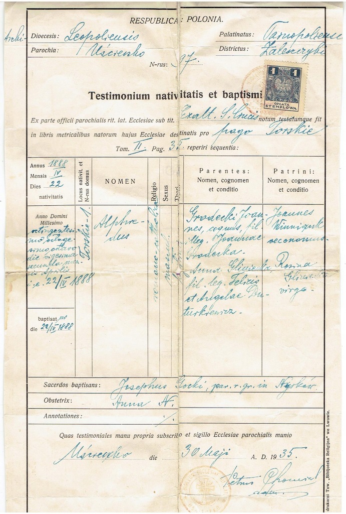 Polska - Opłata stemplowa 1 zł - Akt Chrztu 1935