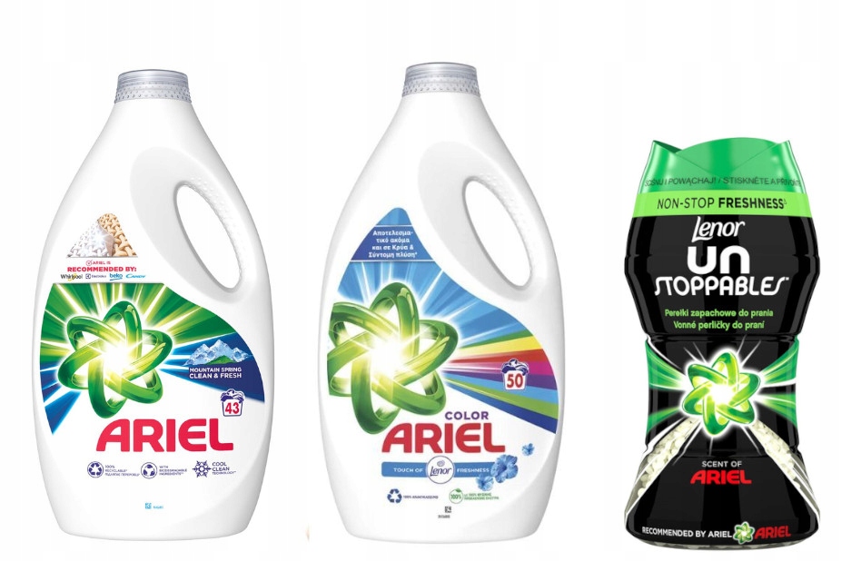 ARIEL SPRING ŻEL BIALE 2,15L + LENOR PEREŁKI ARIEL 140g + ŻEL COLOR 2,5L