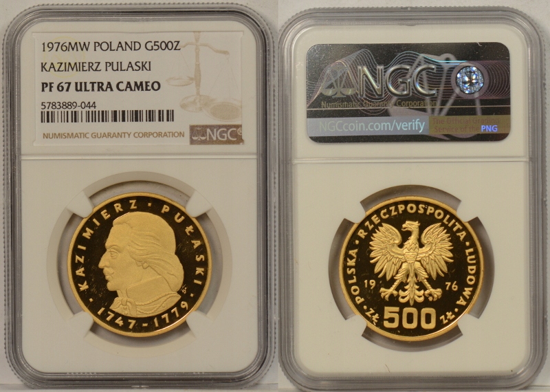 500 ZŁ 1976 K.PUŁASKI ZŁOTO PF67 ULTRA CAMEO NGC