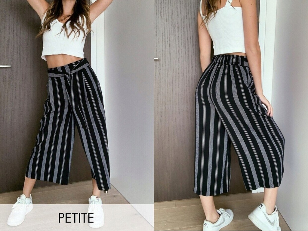 New Look Petite Czarne wiązane spodnie w paski XS