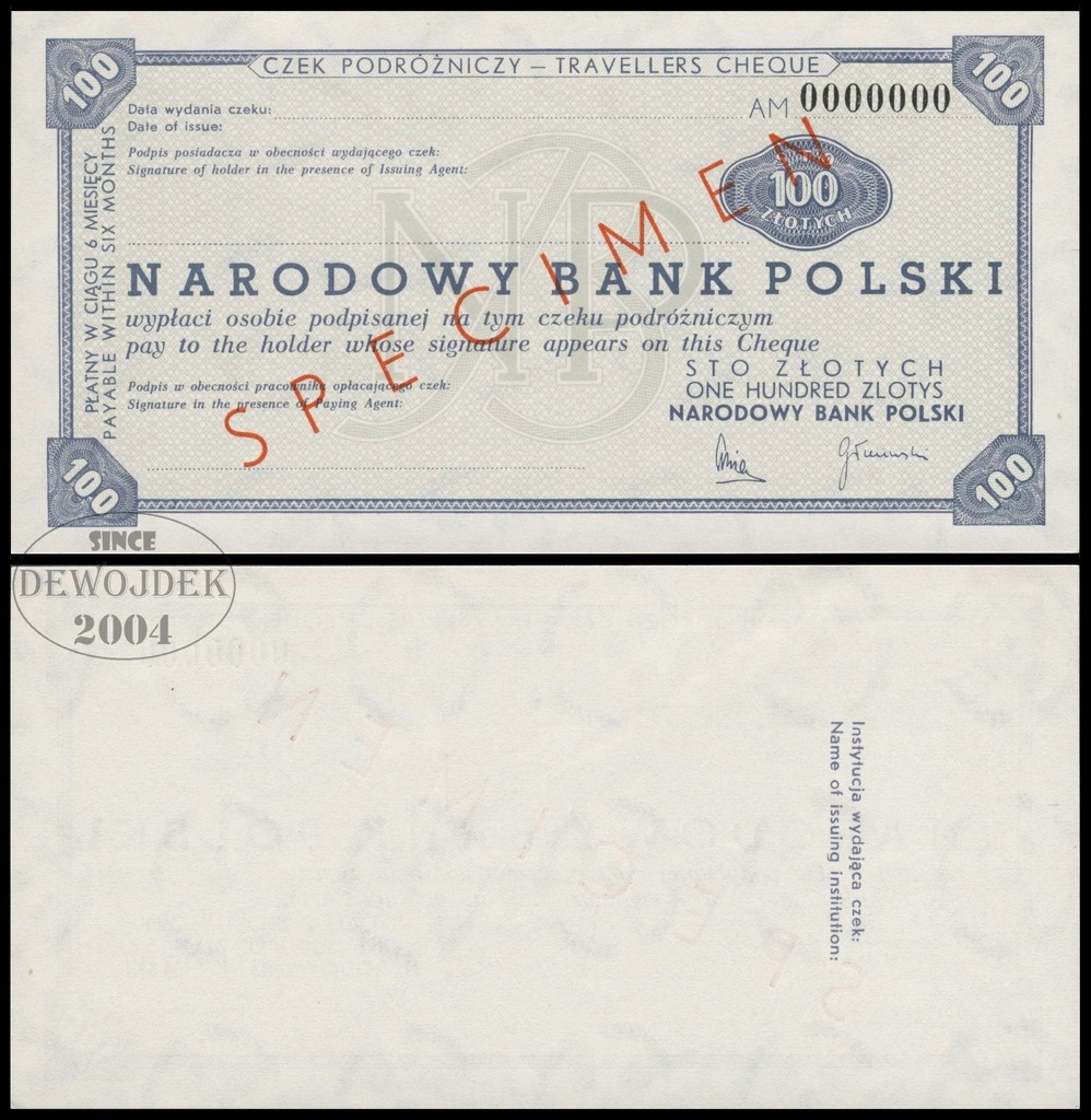 OBP - CZEK PODRÓŻNICZY NBP 100 złotych AM # SPECIMEN # WZÓR # st 1-