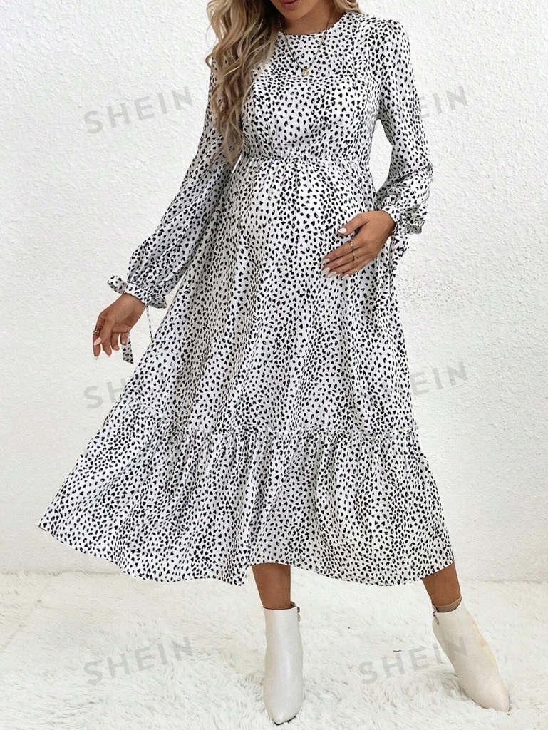 SHEIN MATERNITY SUKIENKA MIDI BIAŁA CZARNY WZÓR ZWIERZĘCY L 522