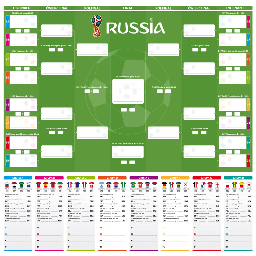 Plakat z tabelą Mistrzostw Świata Rosja 100x100 cm