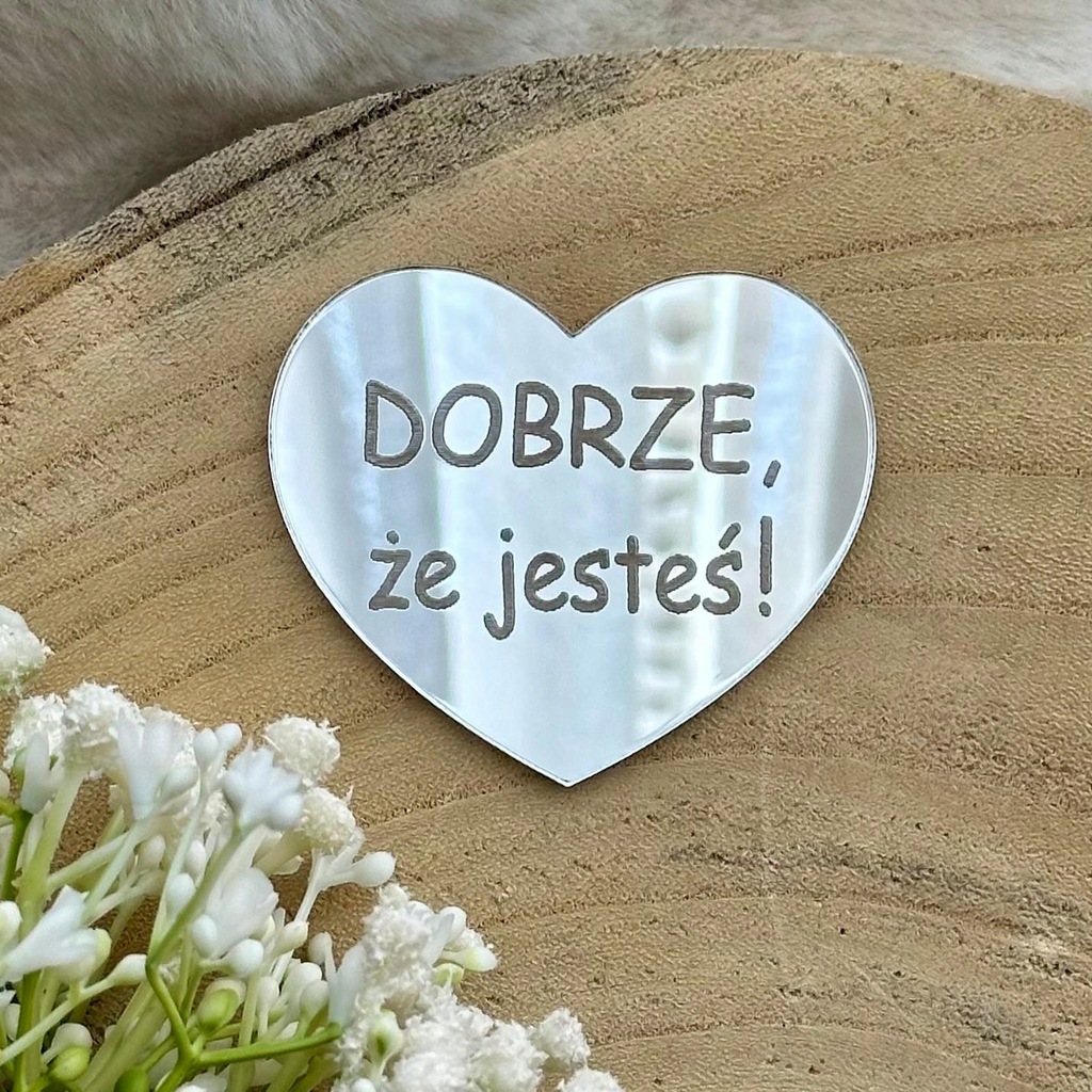 Twój Napis Serce Dowolny Grawer Tekst Prezent Srebrne Plexi lustro 7cm
