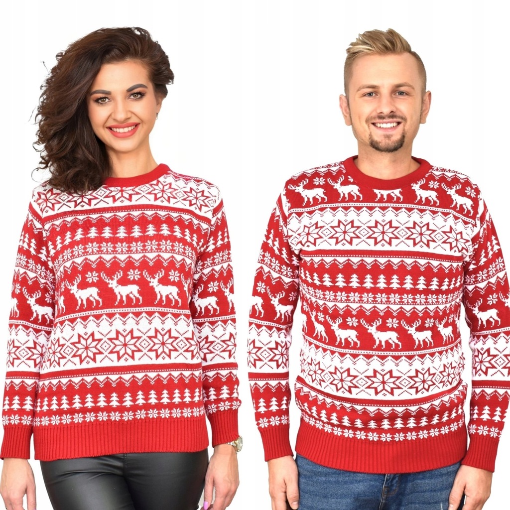 CZERWONY SWETER ŚWIĄTECZNY NORWESKI ZESTAW DLA PAR ŚWIĄTECZNE MOTYWY WZORY