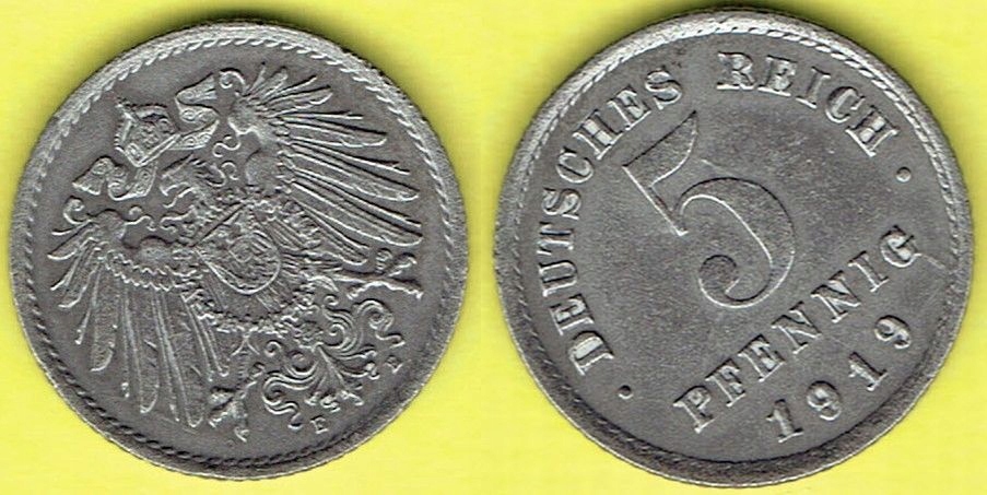 NIEMCY 5 Pfennig 1919 r. E - Fe