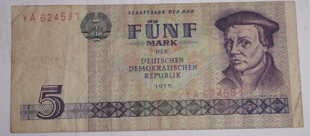 5 marek Niemcy - NRD - Fünf Mark der DDR - stary banknot 1975 r.
