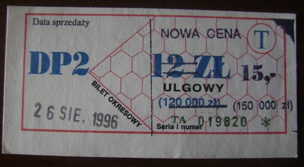 Bilet miesięczny okresowy trolejbus DP2 Tychy 1996