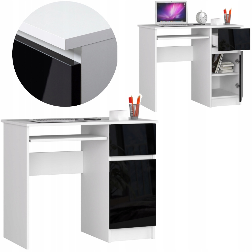 BIURKO KOMPUTEROWE BIUROWE BIAŁE CZARNE POŁYSK SZUFLADY NOWOCZESNE A6 PRAWE