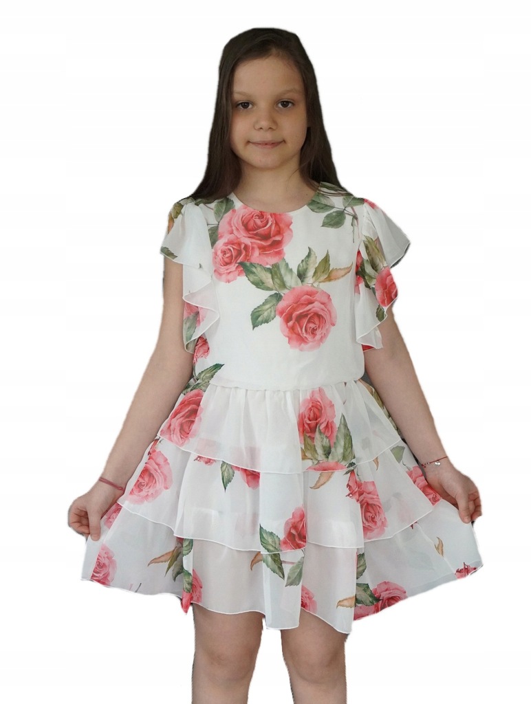 Sukienka dziewczęca szyfonowa falbanki kwiaty 146
