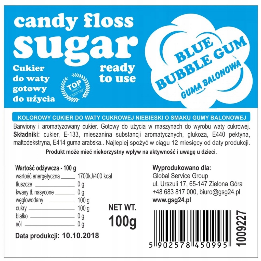 Cukier do waty cukrowej smak gumy balonowej 100g
