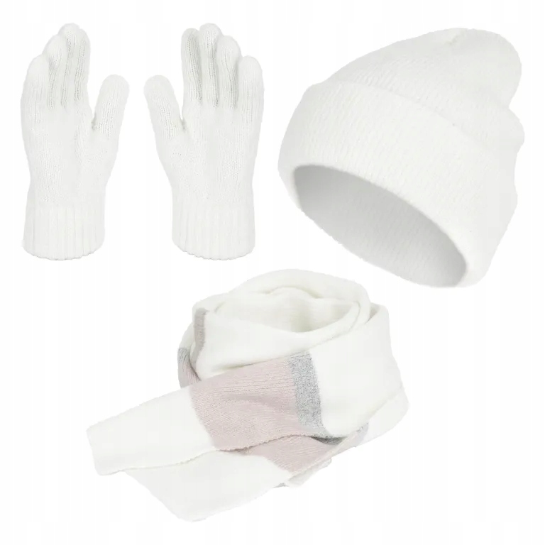 W477D Biały komplet zimowy damski czapka szalik rękawiczki