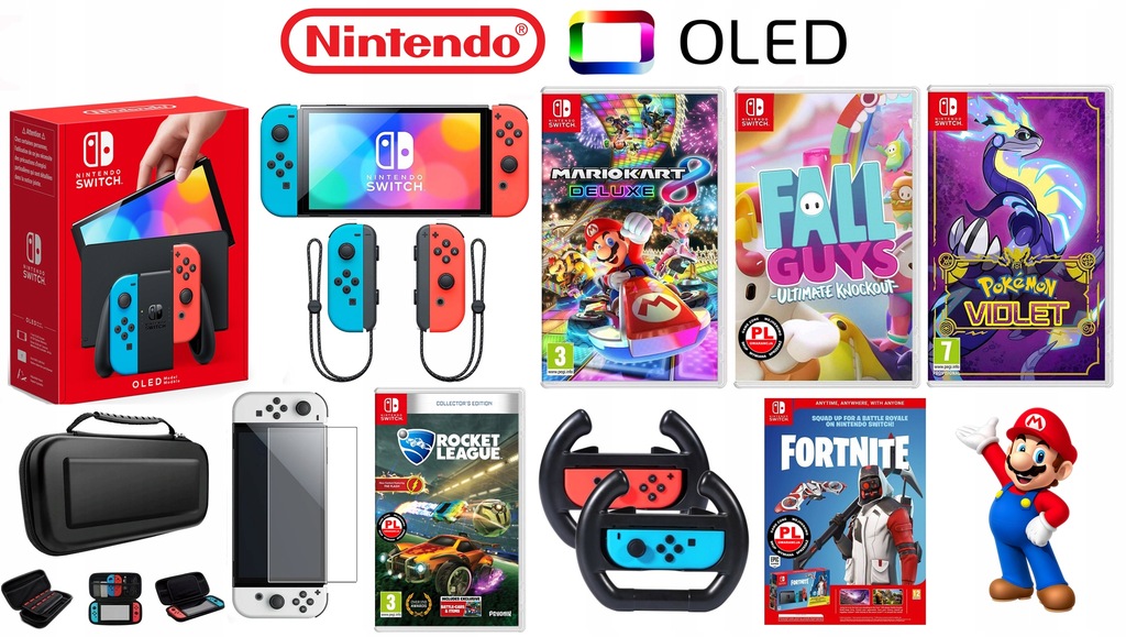 Nintendo SWITCH Oled 64GB Neon + zestaw gier + szkło + etui + 2 kierownice