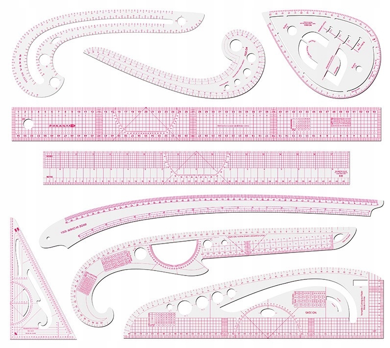 9 SZTUK ZESTAW LINIJEK KRAWIECKICH Z KRZYWIKIEM