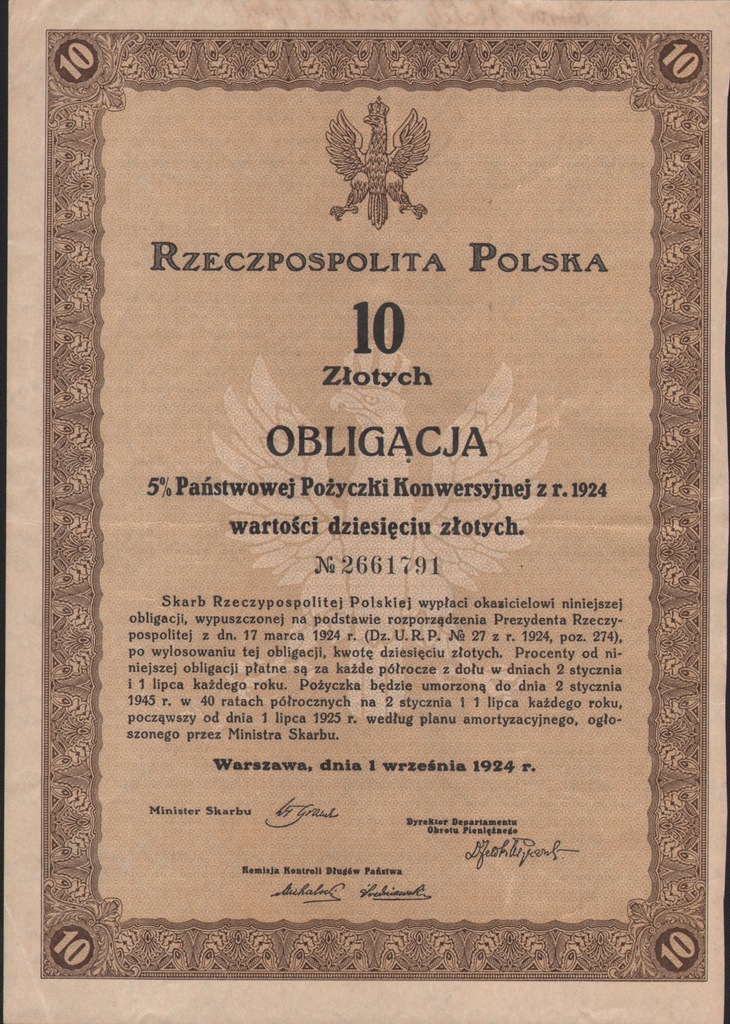 5 % Państwowa Pożyczka Konwersyjna - 10 zł - 1924