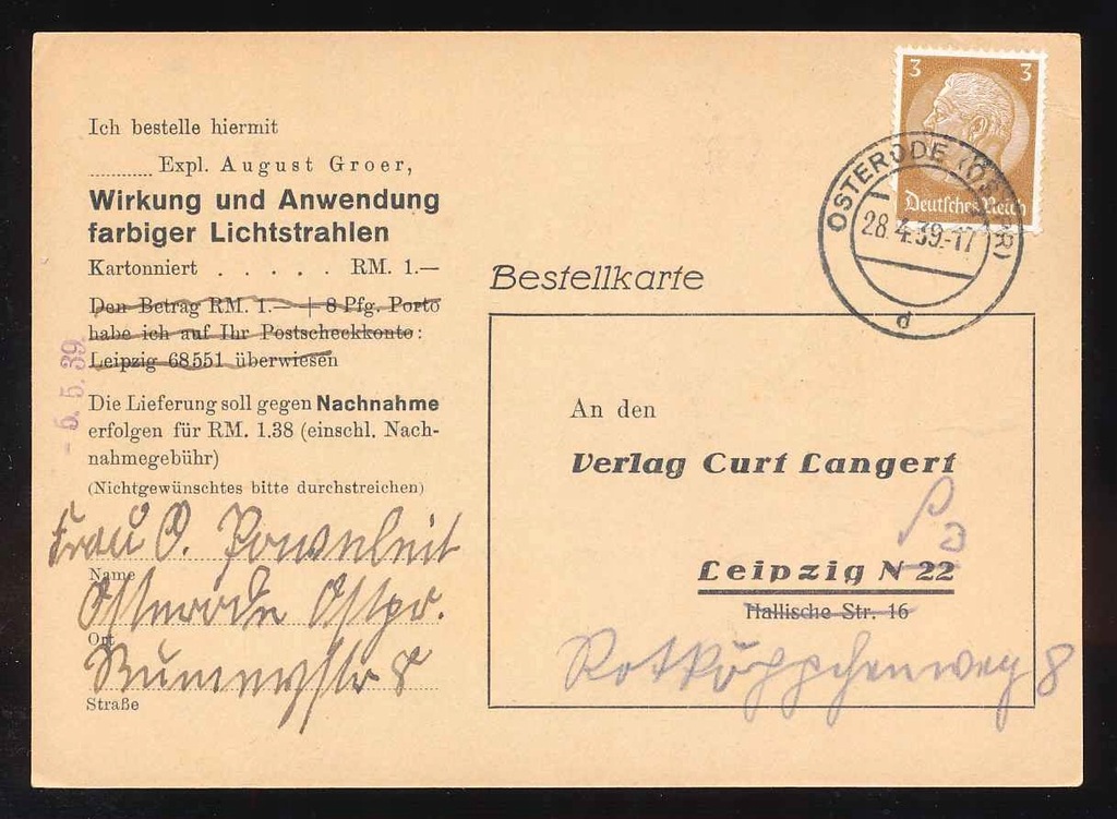 1939 DR, PRUSY WSCHODNIE, kartka OSTERODE/OSTRÓDA.