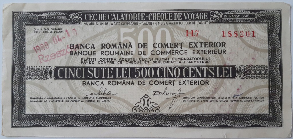Rumunia Czek Podróżniczy 500 Lei 1989 NBP Rzeszów