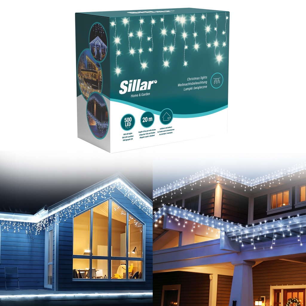 Lampki sople LED zewnętrzne 500 LED 20m światełka świąteczne zimne FLASH